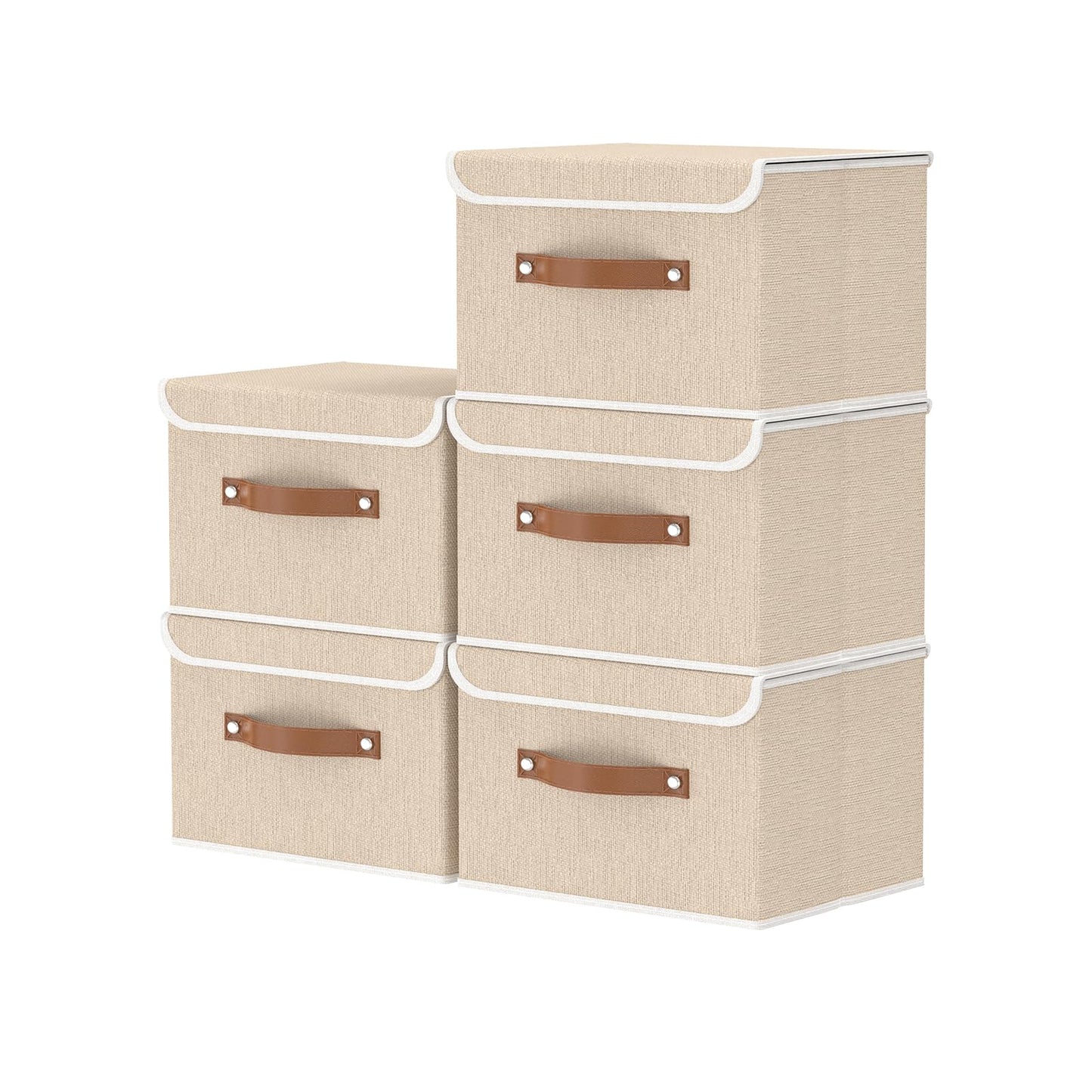 OUTBROS Storage Boxes with Lids 5 Pack, Bins 26x20x17 cm, Beige