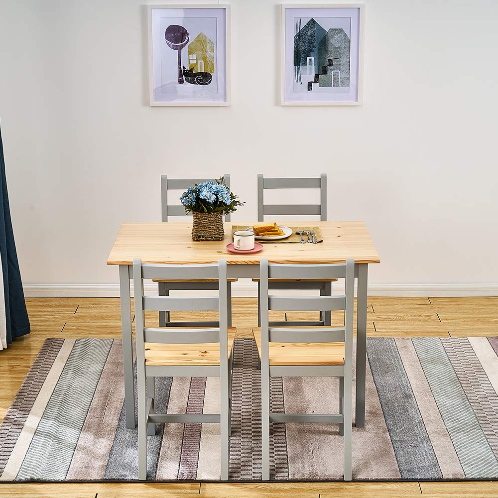 Panana Pine Wood Dining Table and 4 Chairs Set, 5-Piece Home Kitchen Furniture Set Natural Grey