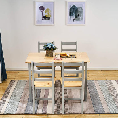 Panana Pine Wood Dining Table and 4 Chairs Set, 5-Piece Home Kitchen Furniture Set Natural Grey