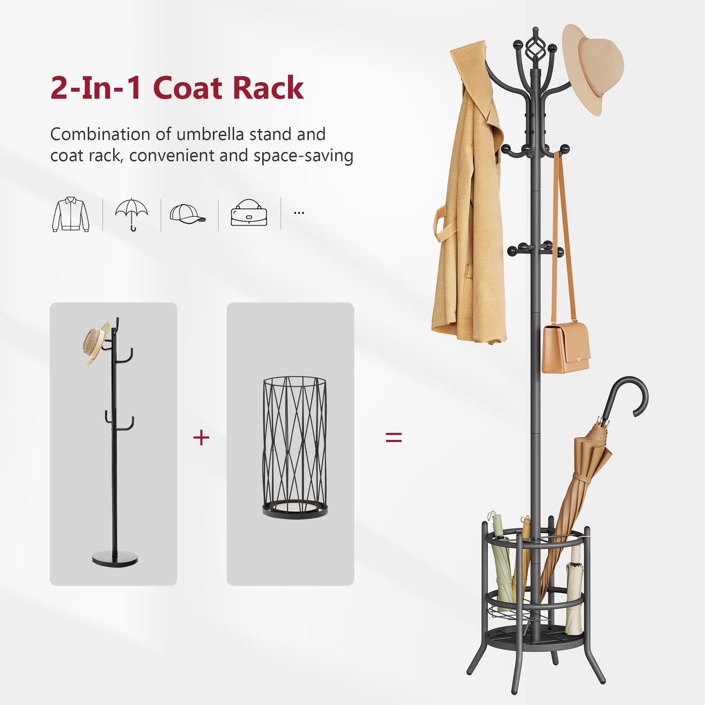 Tajsoon Coat Tree with Umbrella Stand, Coat Rack With 16 Hooks, Grey