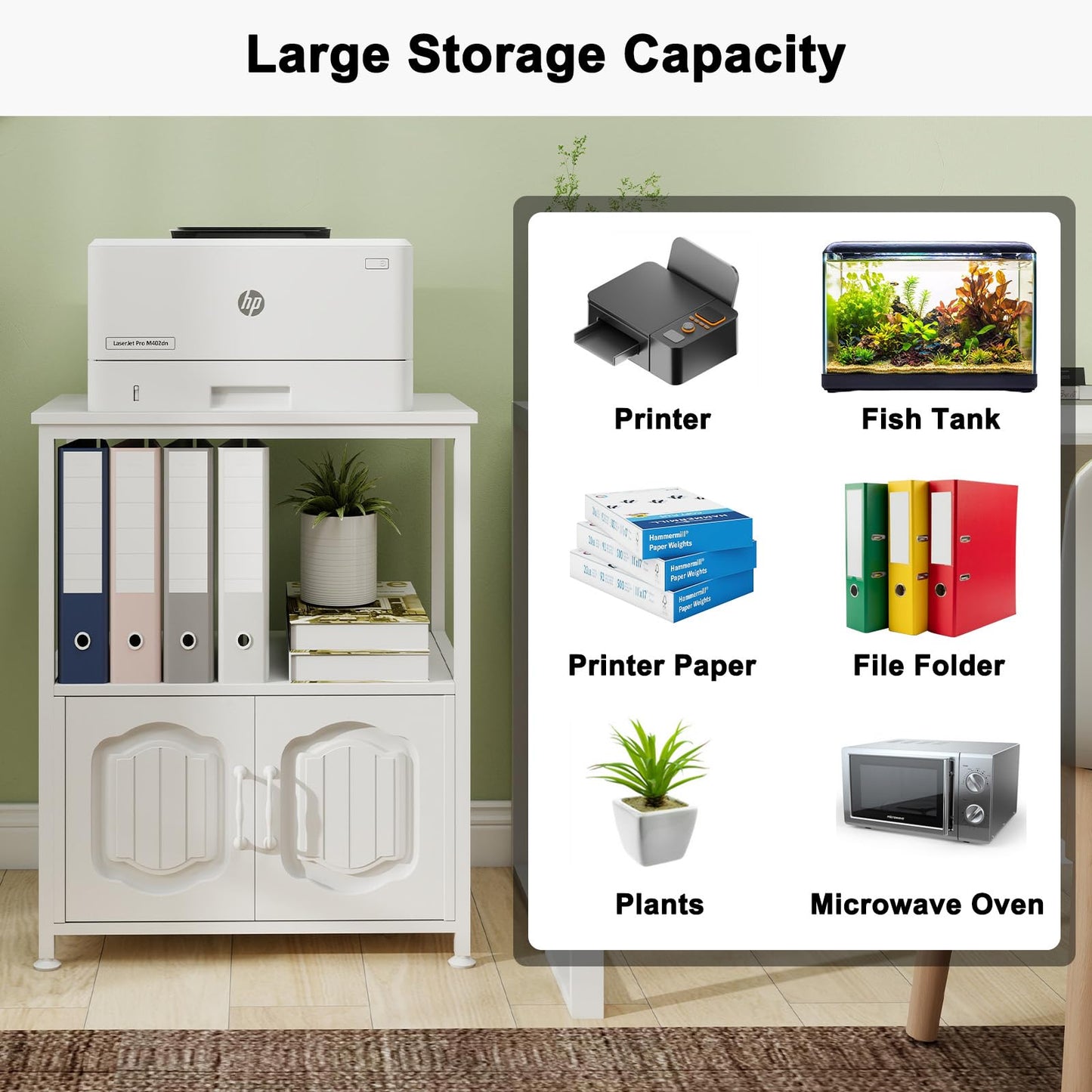 PUNCIA 3 Tier Printer Stand with File Cabinet for Home Office White