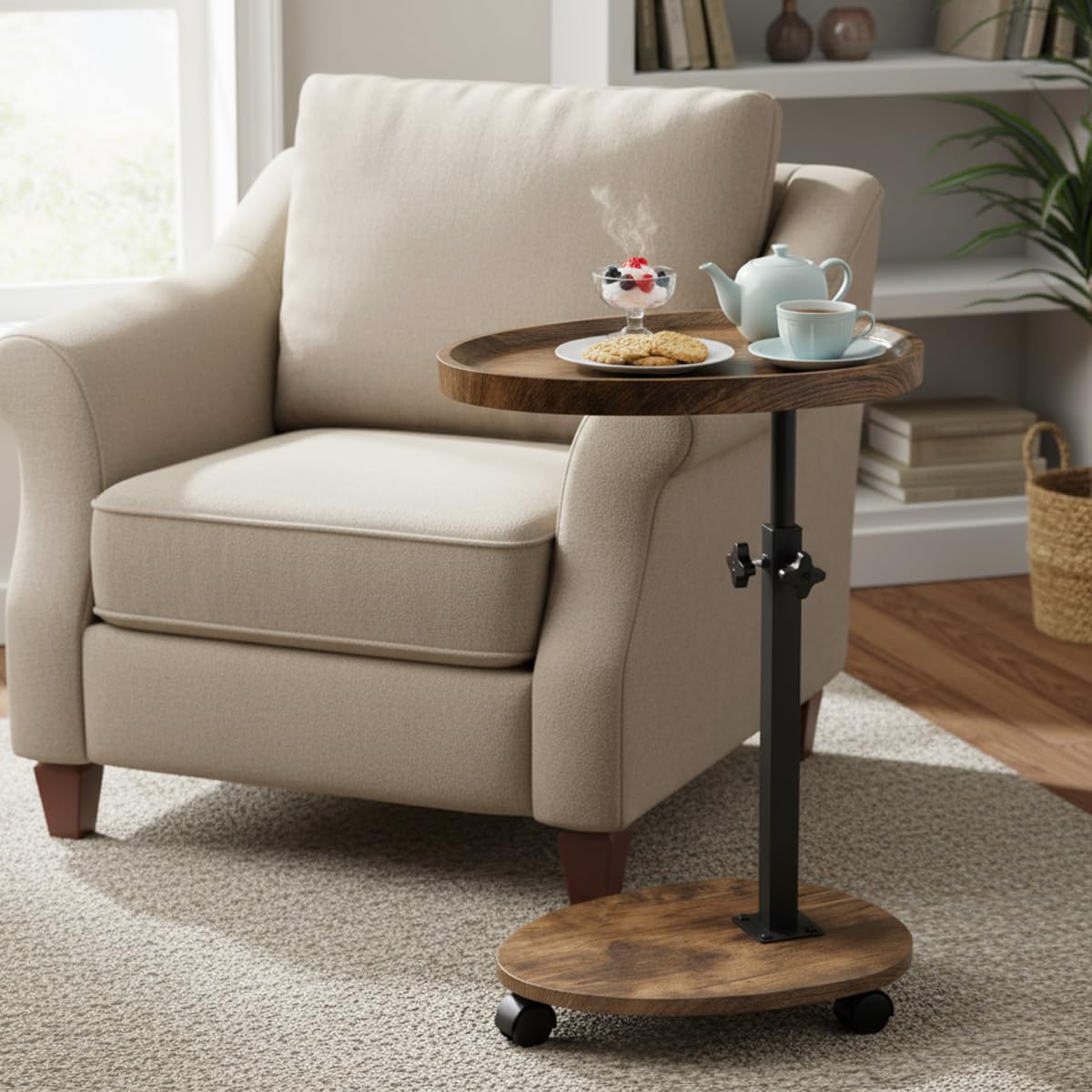 Kiss Me C Shaped Side Table, Height Adjustable End Table with 4 Wheels