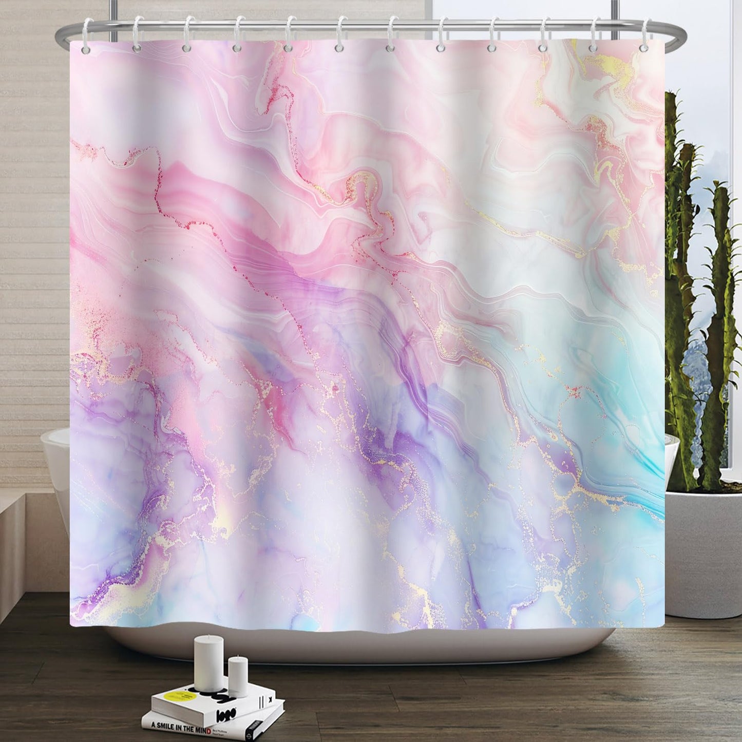 Kzzfqxb 90x183cm Shower Curtains with Plastic Hooks, Waterproof Occluded Modern Art Pink Purple Watercolor Flowing Smoke Marble Pattern for Bathtub,
