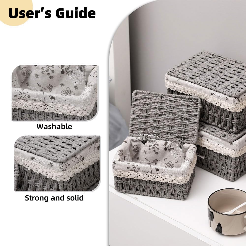 KiKiHong 3 Pcs Set Grey Storage Basket With Lid Boho Handwoven Basket