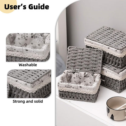 KiKiHong 3 Pcs Set Grey Storage Basket With Lid Boho Handwoven Basket