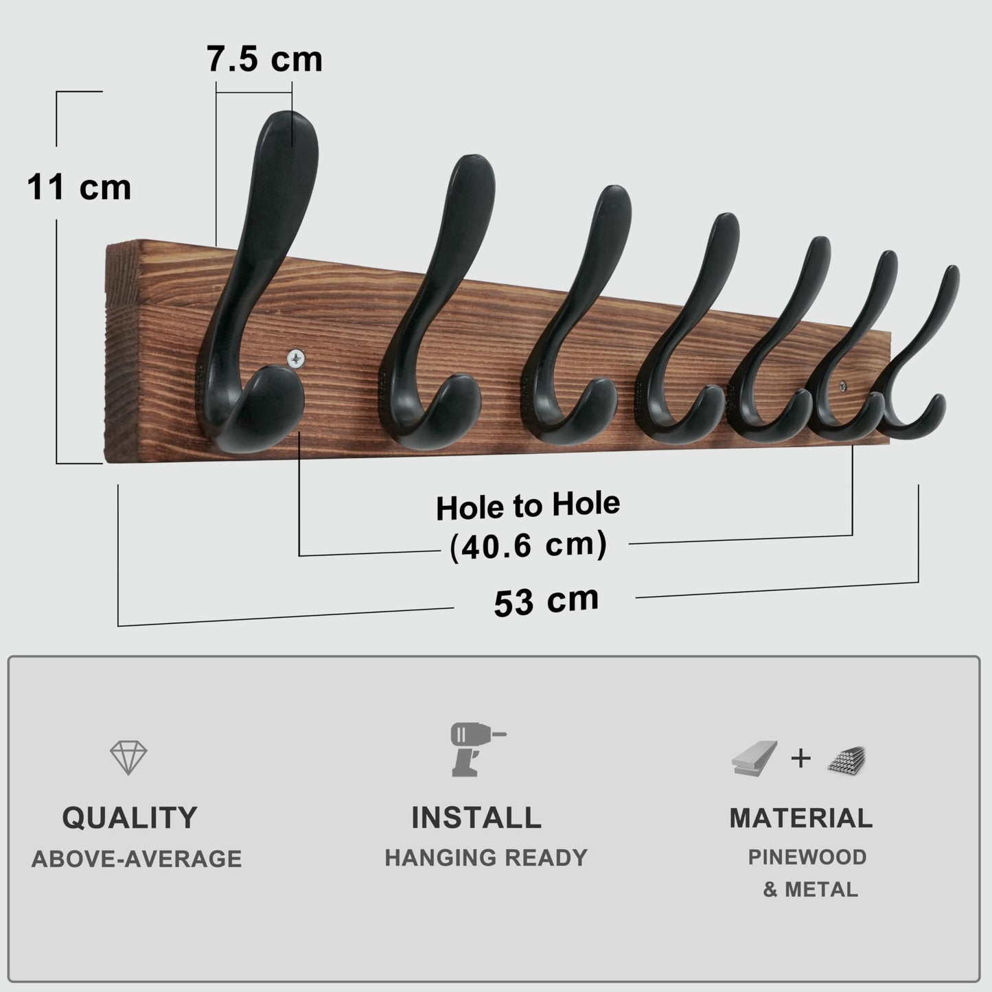 HONSKY Wall Coat Rack, 53cm Wooden Coat Hanger with 7 Double Hooks,Wall Coat Hook,Towel Rack Hanging Coat,Towel,Bag for Entryway, Hallway, Bedroom