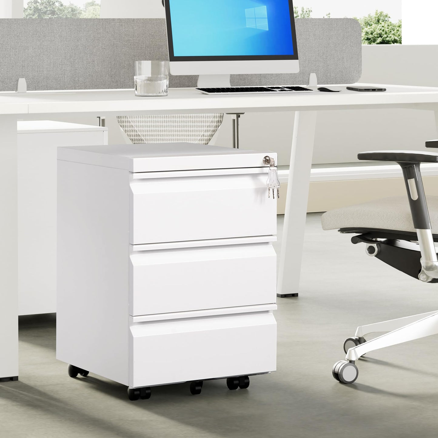 HOMSTEEL 3 Drawers File Cabinet, Metal Filing Cabinet with Lock, Mobile File Cabinet, Fully Assembled Except Casters, for Office, Home Office, White