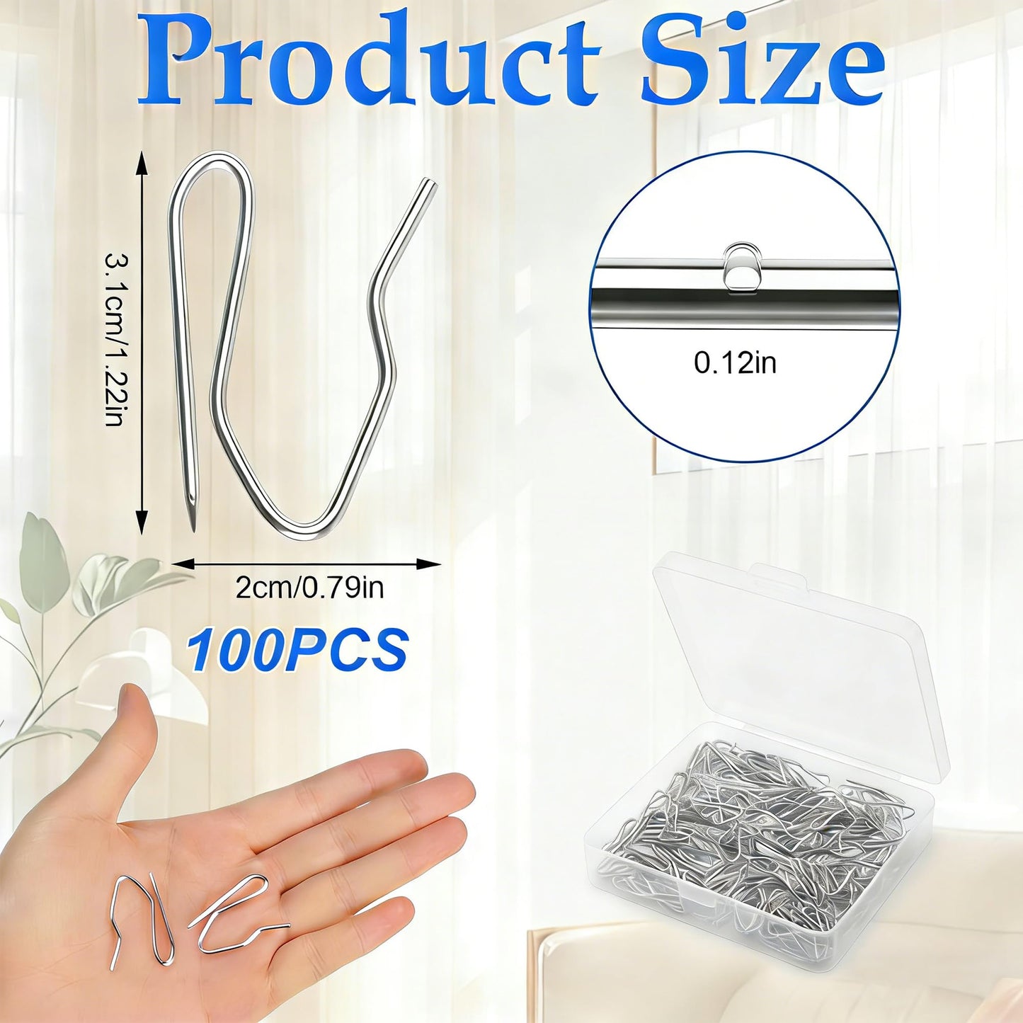 Miss Pen 100-Pack Stainless Metal Curtain Hooks, Heavy Duty Metal Drapery Pin Hooks for Pinch Pleat, Pencil Pleat Curtains, Window and Shower