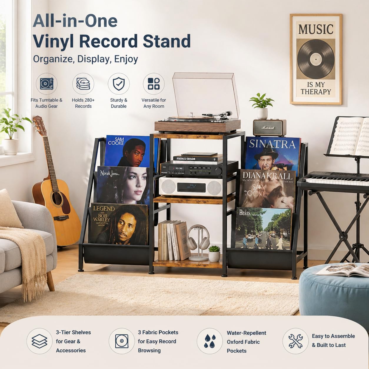 CAIYUN Record Player Stand Storage with 3-Tier and Fabric Drawer, Turntable Table Holds Up to 280 Albums, Cabinet CD Rack for Living Room