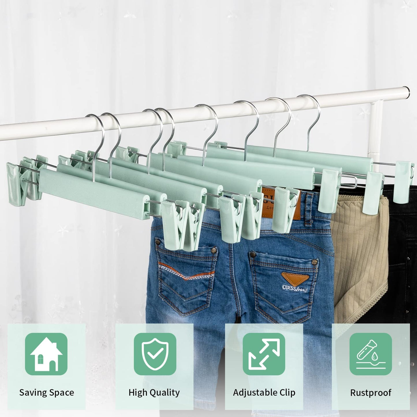 Lamitocs Pack of 10 Skirt Hangers with Strong Non-Slip Adjustable Clips Hooks, Space-Saving Trouser Hangers for Hanging Trousers, Socks, Skirts