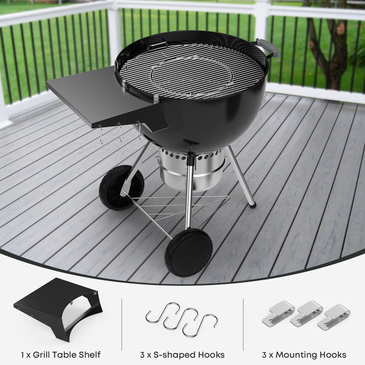 onlyfire BBQ Side Table, Grill Table Shelf for 57cm Weber Master-Touch & Kettle Charcoal Grill, Weber Kettle Grill accessories