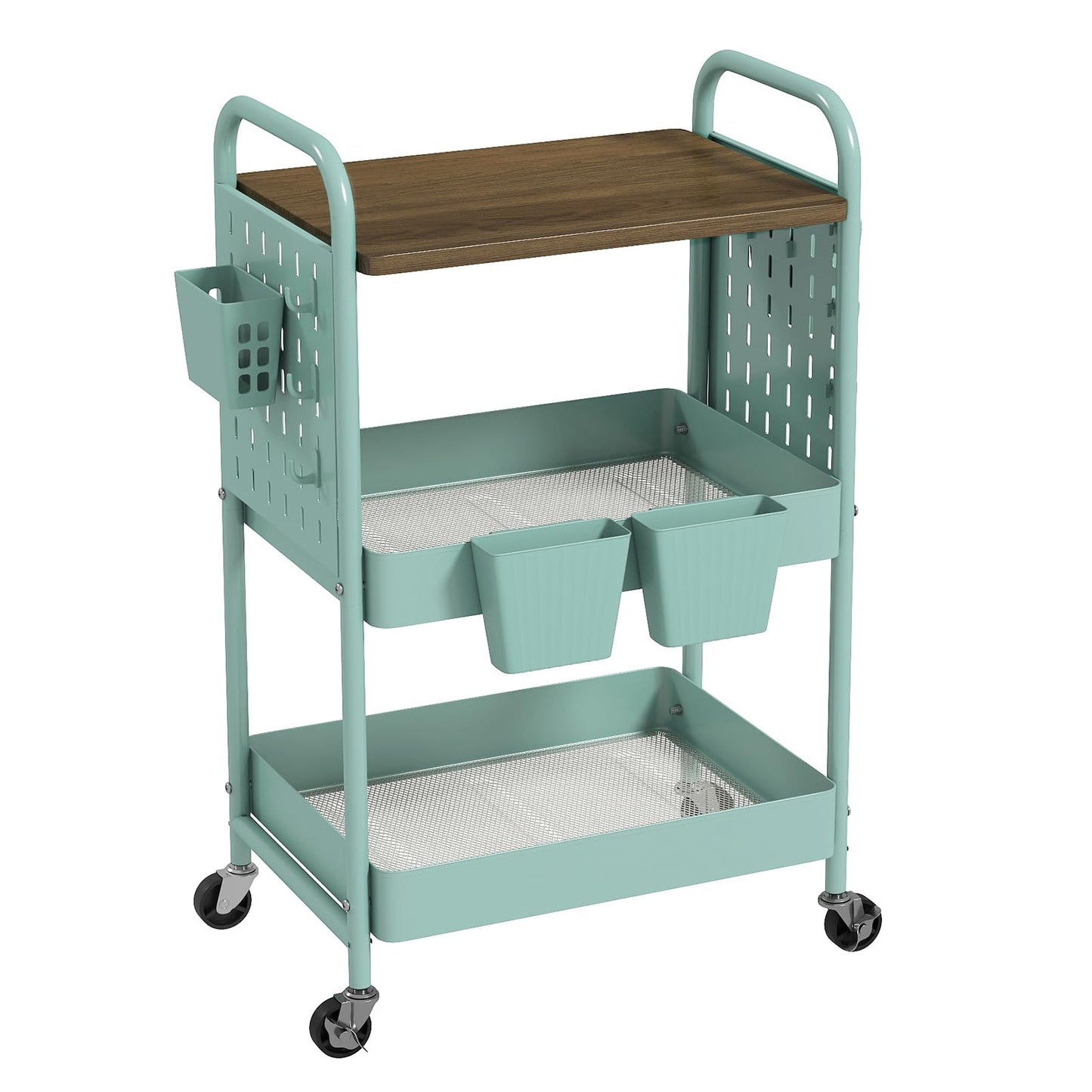 danpinera 3 Tier Rolling Cart, Metal Utility Cart with Wooden Table Top & DIY Pegboard, Rolling Carts