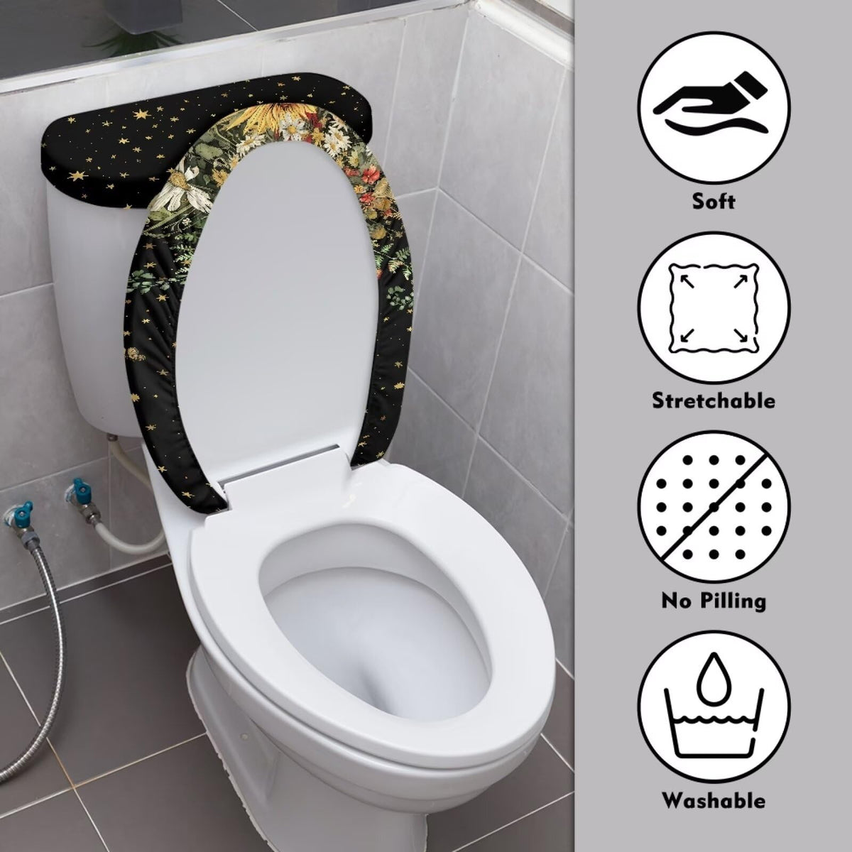 Biyejit Mushroom Star Toilet Lid Cover and Toilet Tank Cover Set Washable Toilet Tank Protector with Elastic Edge Bathroom Toilet Cushion Universal