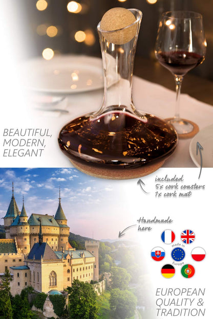 Crystallin Wine Decanter & Accessories (Cleaning Beads, Cork Stopper, Mat & Coasters)  100% Handmade in Europe, Lead-Free Crystal Glass Wine Carafe