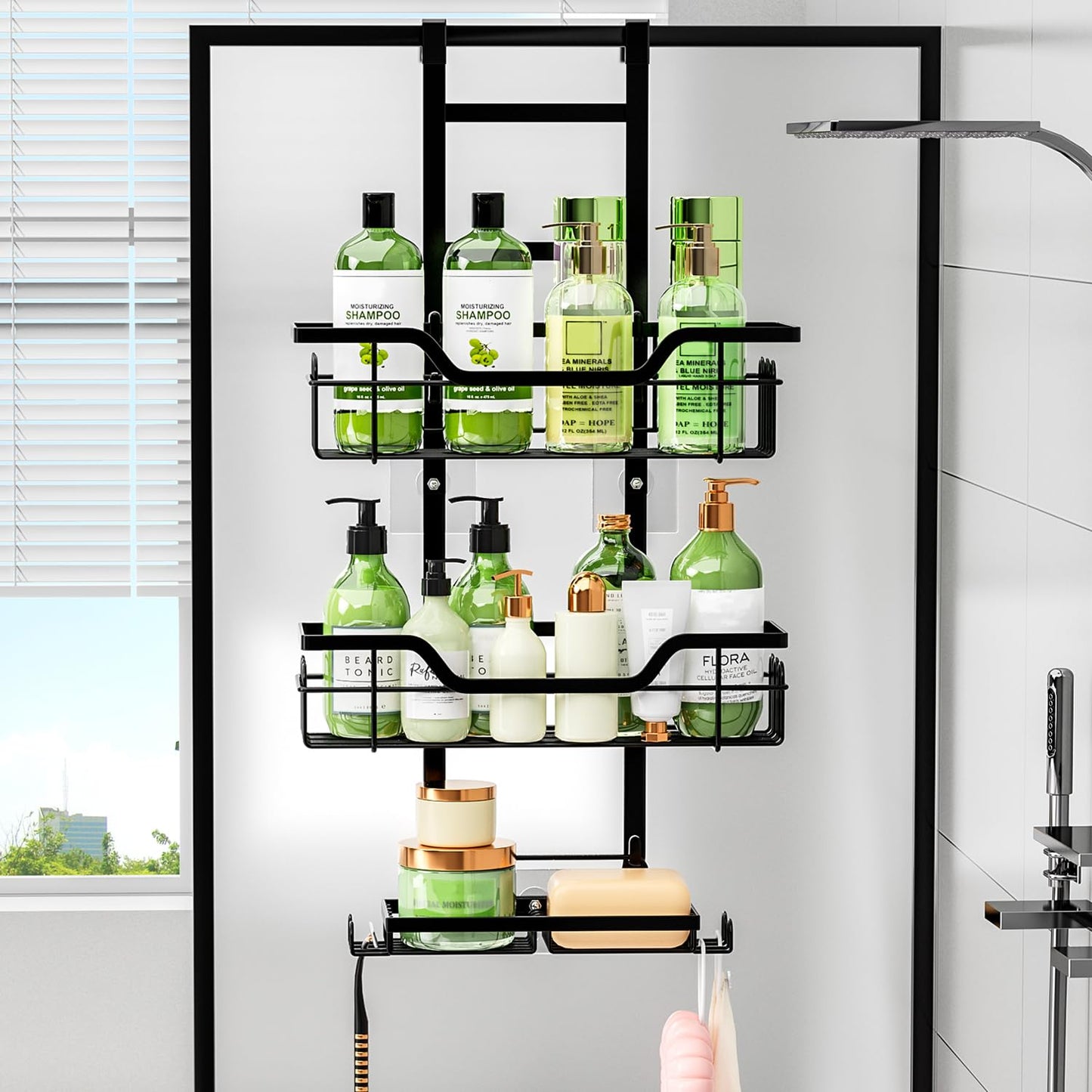 FOXWHALE Hanging Shower Shelf with Shaving Stand & Soap Holder and Hooks, No Drilling Shower Shelf for Glass Door, Black Hanging Shelf Shower