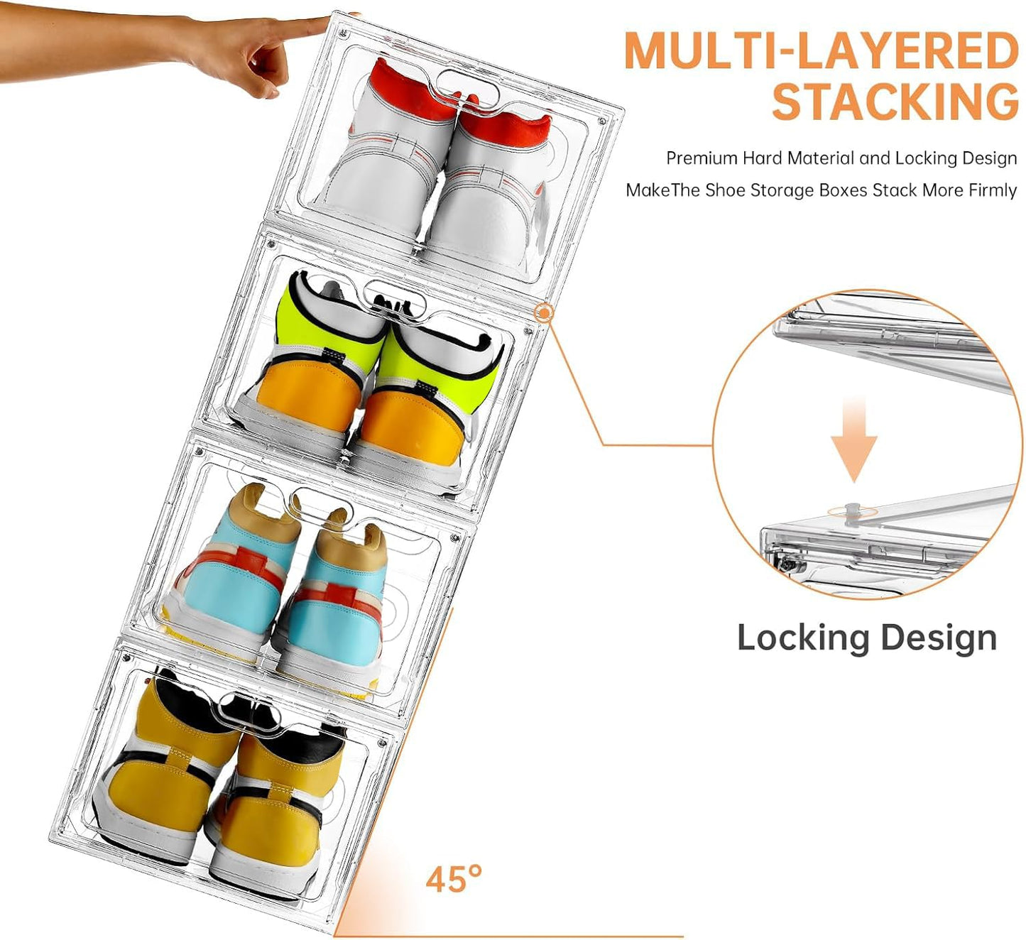 INSTY 6 Pack Modern/Functional Transparent Plastic Shoe Storage Box, Shoe Organizer with Magnetic Door, Stackable, Fits up to US Size 12