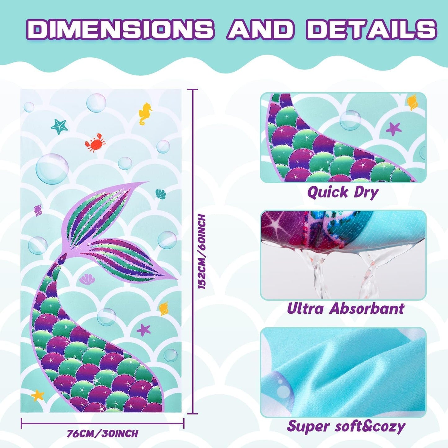 WERNNSAI Mermaid Microfibre Beach Towel for Kids, 76 x 150cm Bath Towel