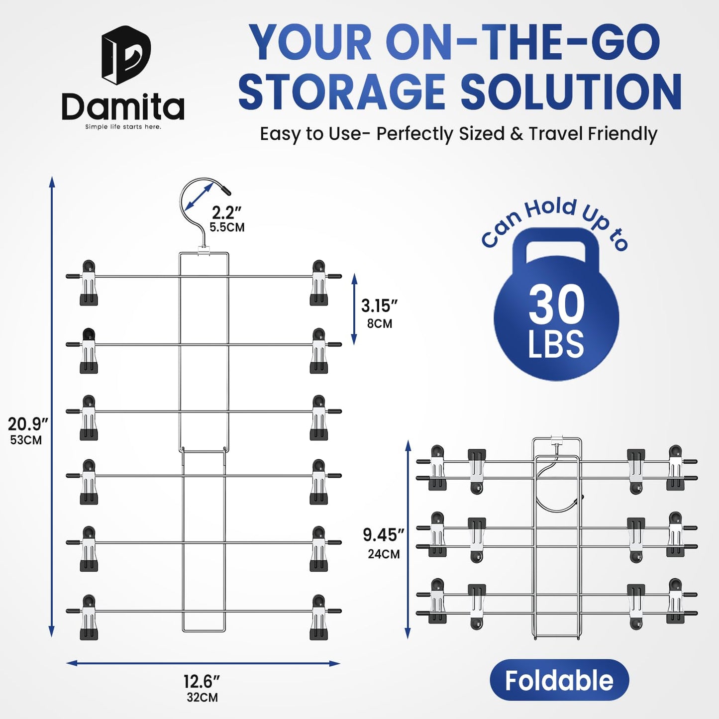 DAMITA Skirt Trouser Hangers with Clips Space Saving Hanging Closet Organizer 6 Tiers Multi Hanger with 360° Swivel Hook