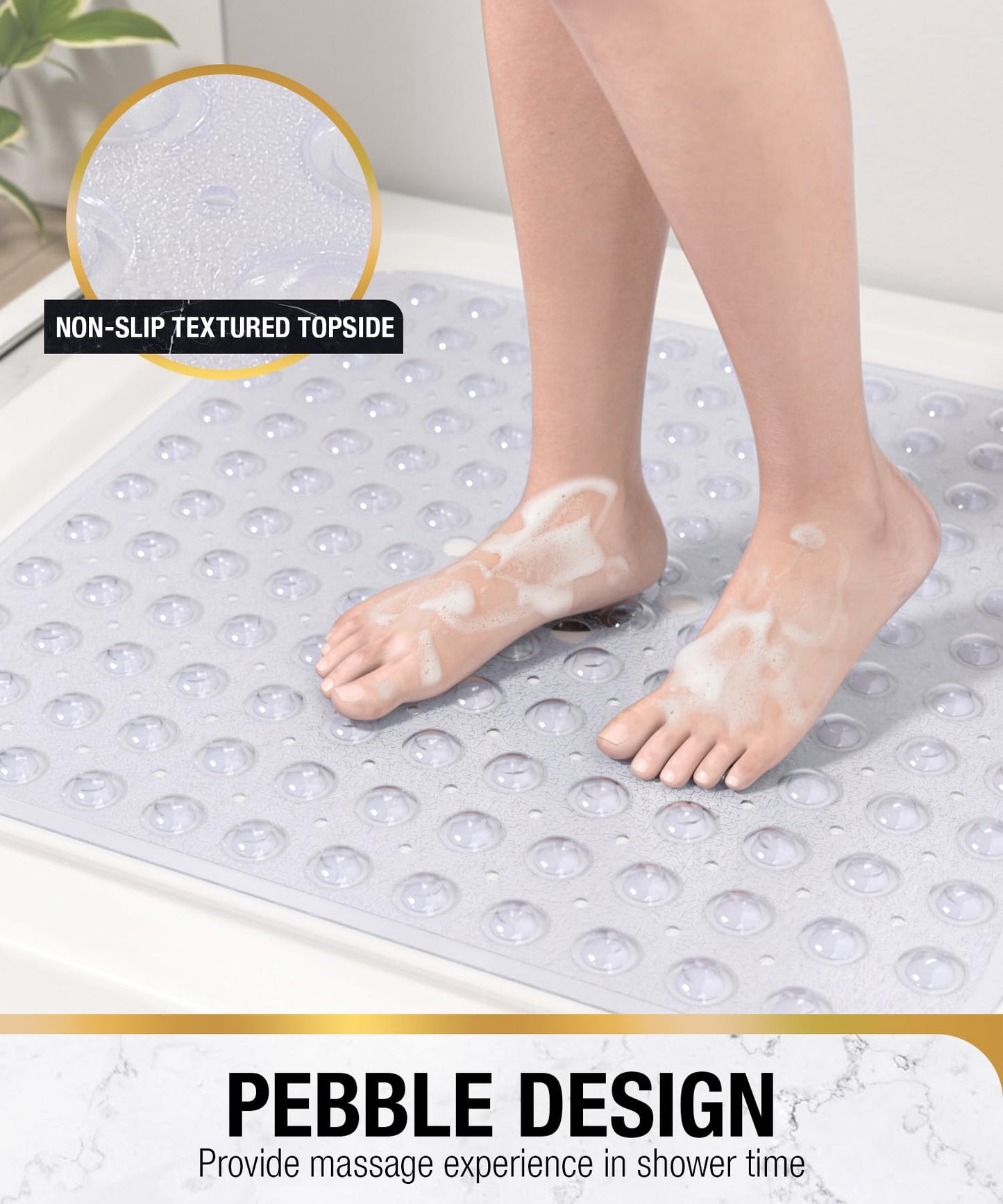 HITSLAM Square Shower Mat Non Slip Anti Mould, 53 x 53cm Bath Mat for Tub with Suction Cups and Drain Holes