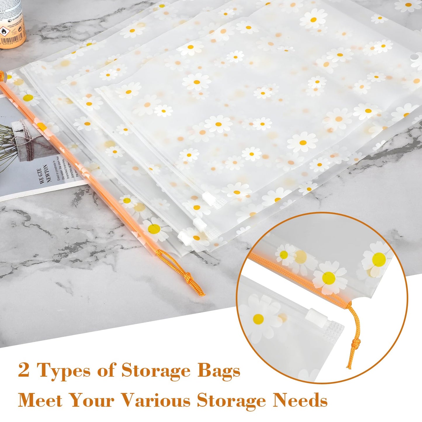 15 Pcs Waterproof Clear Drawstring Storage Bags, Daisy Print Zip-Lock Bags