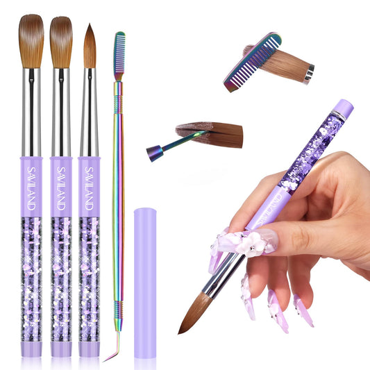 SAVILAND Kolinsky Acrylic Nail Brush Set: Size 6,10,14 Professional Nail Brushes with Cleaner Tool Purple Quicksand Metal Handle for Acrylic Powder