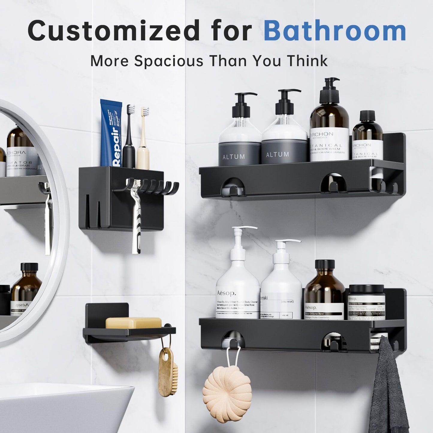 CHARYJOD Shower Caddy 4 Pack, Adhesive Bathroom Shower Shelf No Drill, Bathroom Shower Storage Rack with Hooks, Soap Razor Toothbrush Holder
