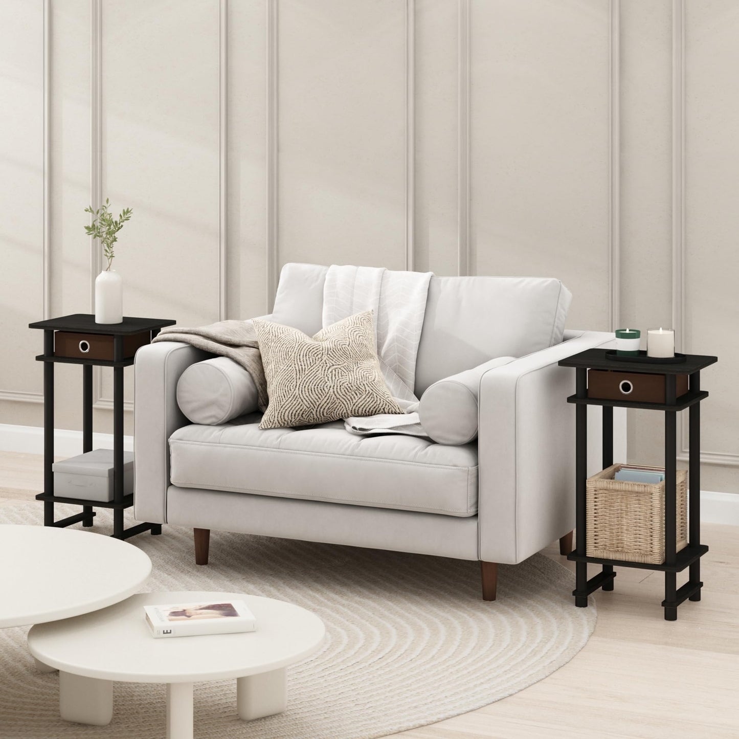 Furinno MODERN Side Table Set of 2, 3-Tier End Table with Storage Bin, Open Shelf Night Stand, Bedside Table, for Living Room, Bedroom, Black Espresso