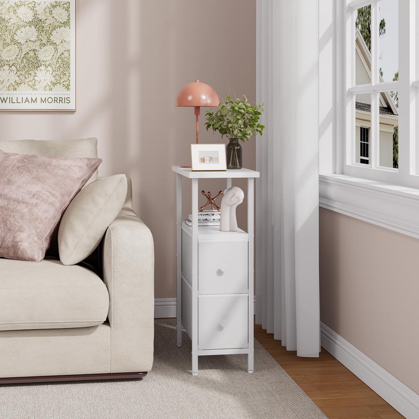 YMYNY Narrow Side Table Set of 2, Slim Bedside Table with 2 Fabric Drawers, Nightstand for Small Spaces