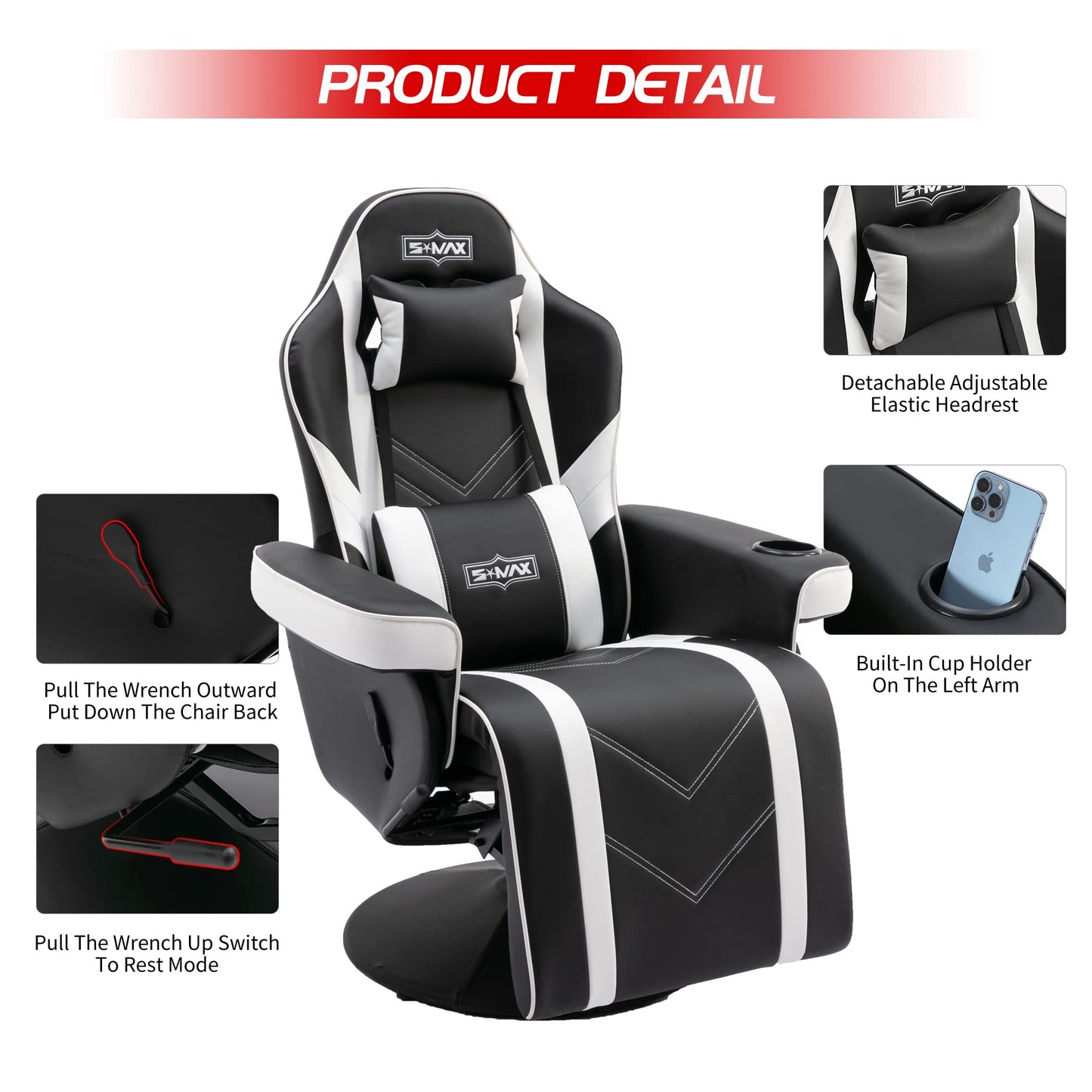 S*MAX Gaming Recliner Chair Ergonomic High Back Wide Lumbar Support Swivel PU Leather Cup Holder Adjustable Backrest Footrest Gaming Chair for Adults