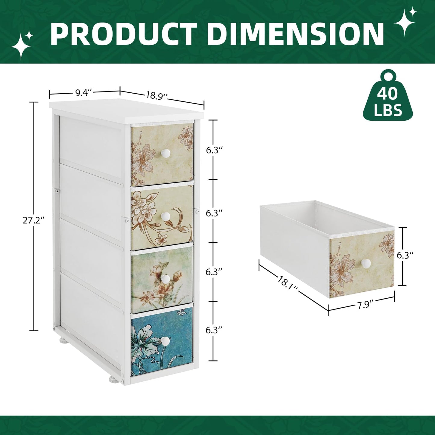 COTUBLR Chest of Drawers with 4 Drawers Tall Dresser for Bedroom Retro Floral Pattern Clothes Storage Organiser Unit for Living Room Entryway Closet