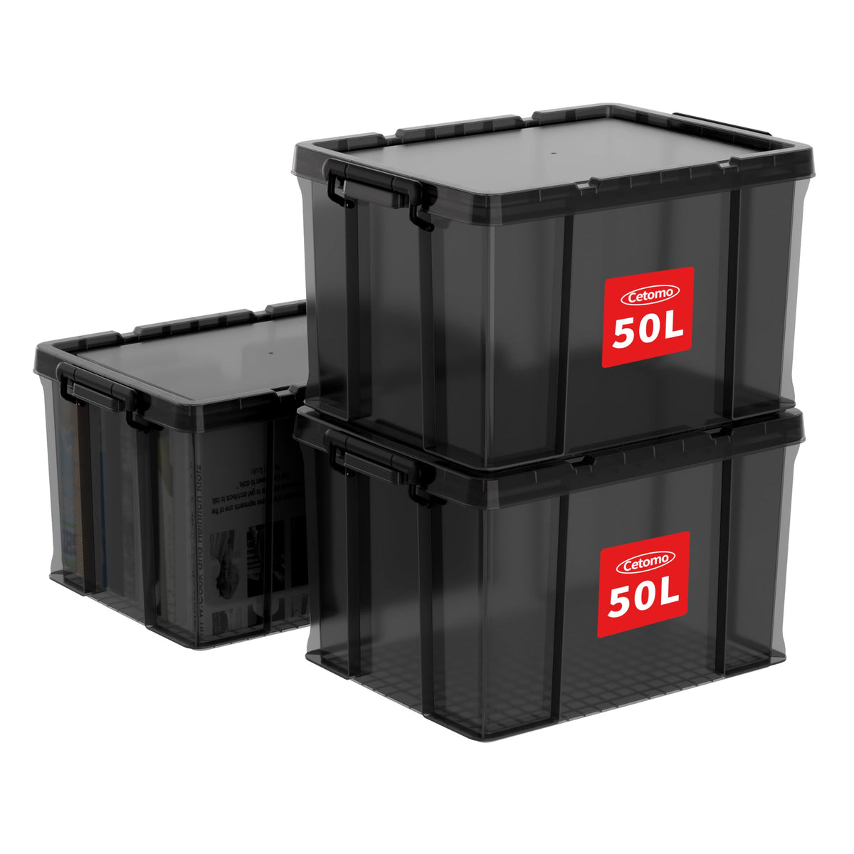 Cetomo 50L*3 Heavy-Duty Storage Boxes, Plastic Stackable Storage Box with Lids, Storage Bins with Reinforced Corners, Vertical Sides and Clip Closure