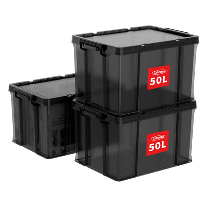 Cetomo 50L*3 Heavy-Duty Storage Boxes, Plastic Stackable Storage Box with Lids, Storage Bins with Reinforced Corners, Vertical Sides and Clip Closure