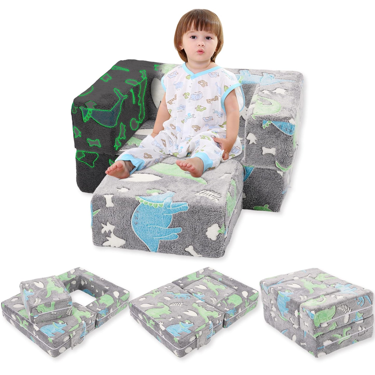 YULEYU Kids Sofa, Fold Out Toddler Sofa Chair, Children Convertible Sofa Bed, Pull Out Couch for Boys and Girls (beige) (Grey/Green)