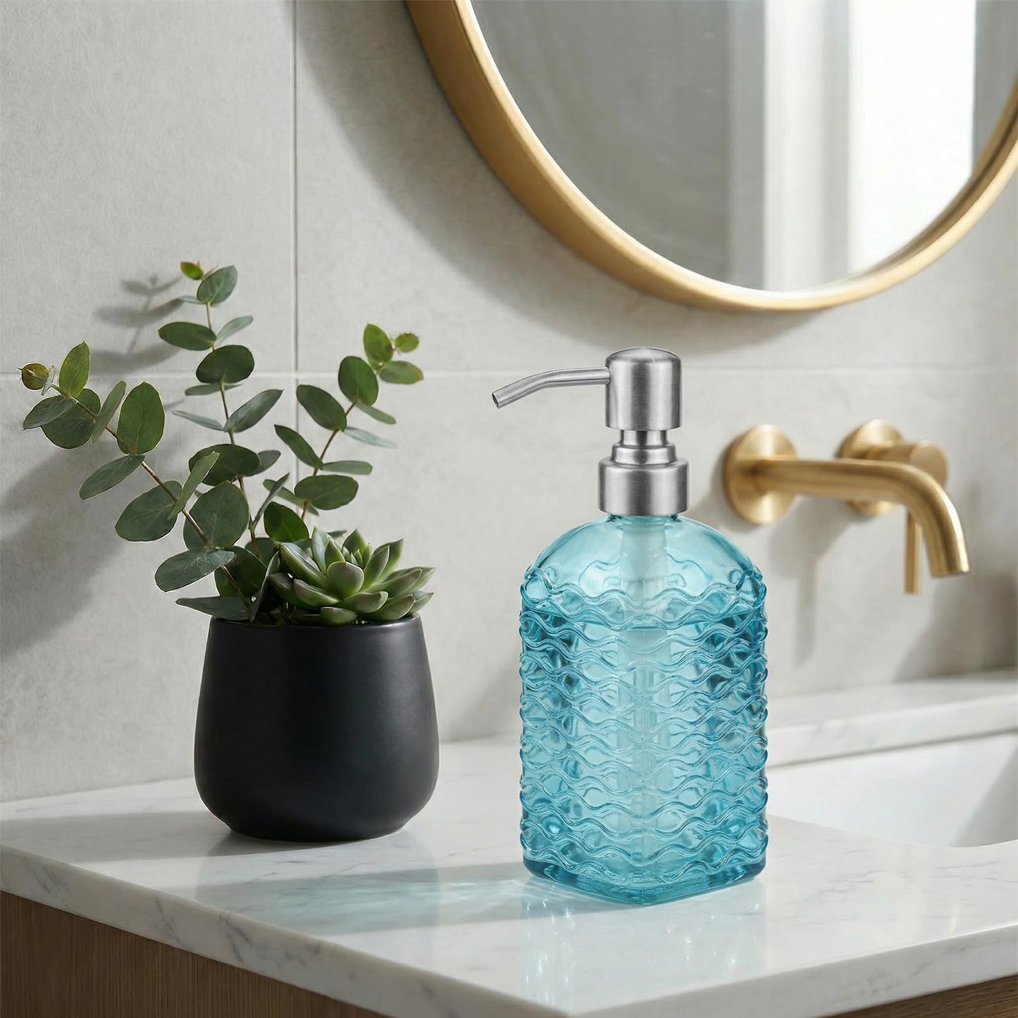 Glass Soap Dispenser Blue - 400ml Hand Soap Dispenser with Stainless Steel Pump Ripple Square Liquid Hand Jar Refillable Glass Bottle for Bathroom