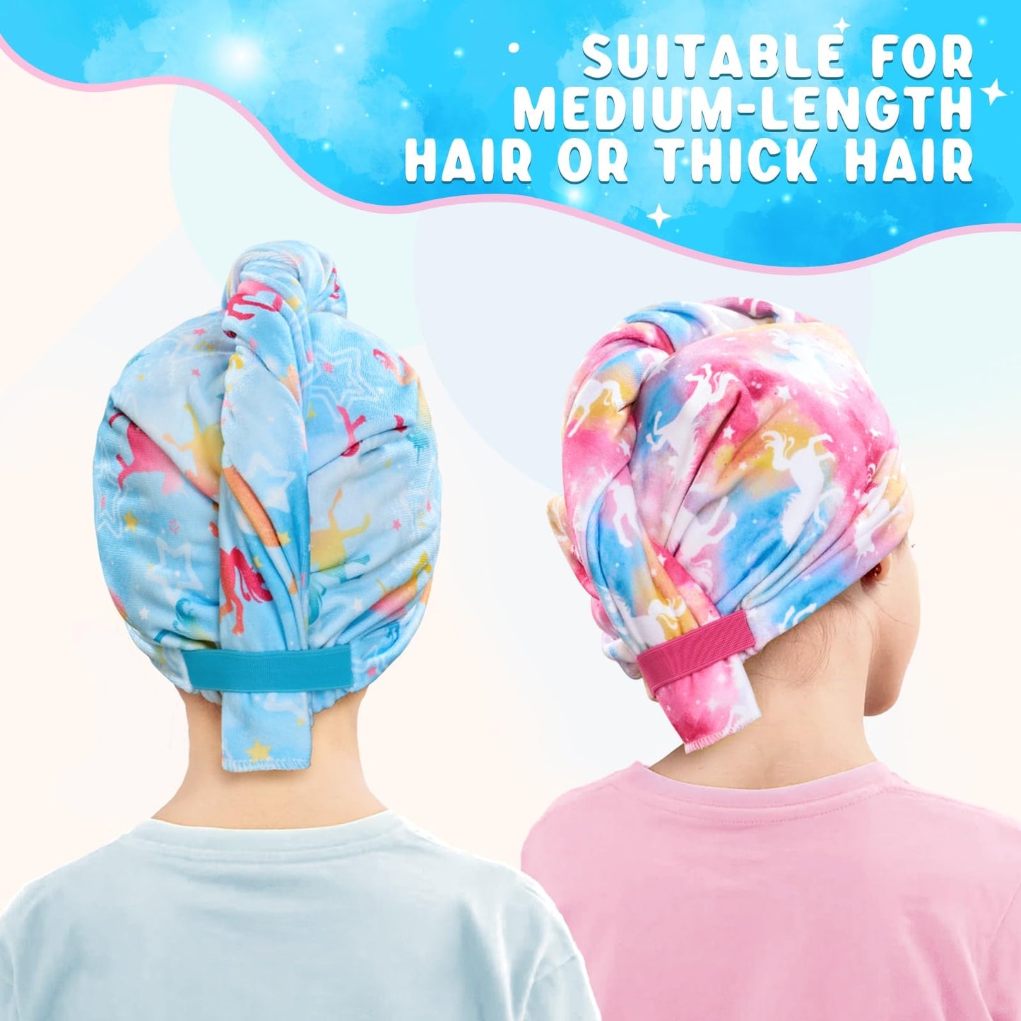 WAWSAM 2 Pack Kids Hair Towel Wrap for Girls, Microfibre Hair Turban Towel Fast Drying, Unicorn Hair Towel Wrap with Elastic Strap for Long Hair