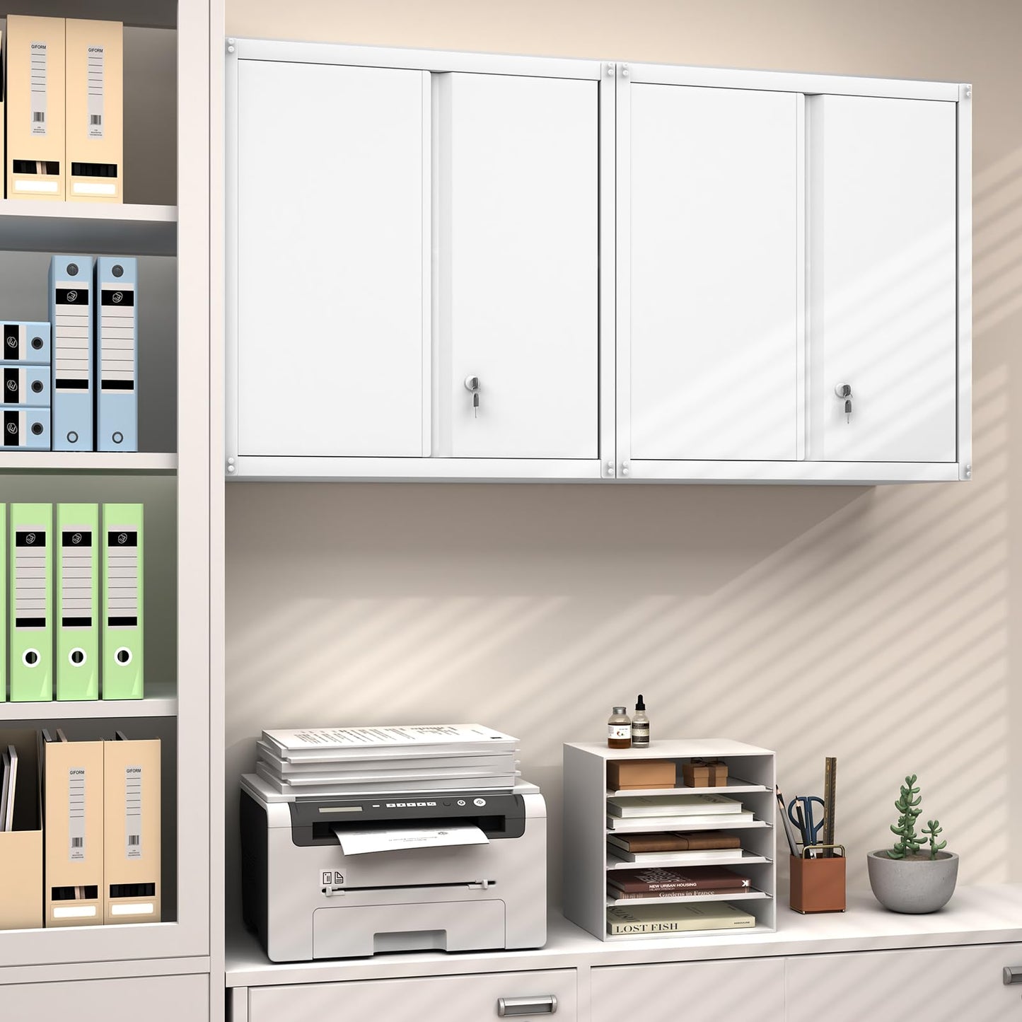 GREATMEET Metal Wall Cabinet, Wall Mounted Storage Cabinet with Lock for Garage Storage