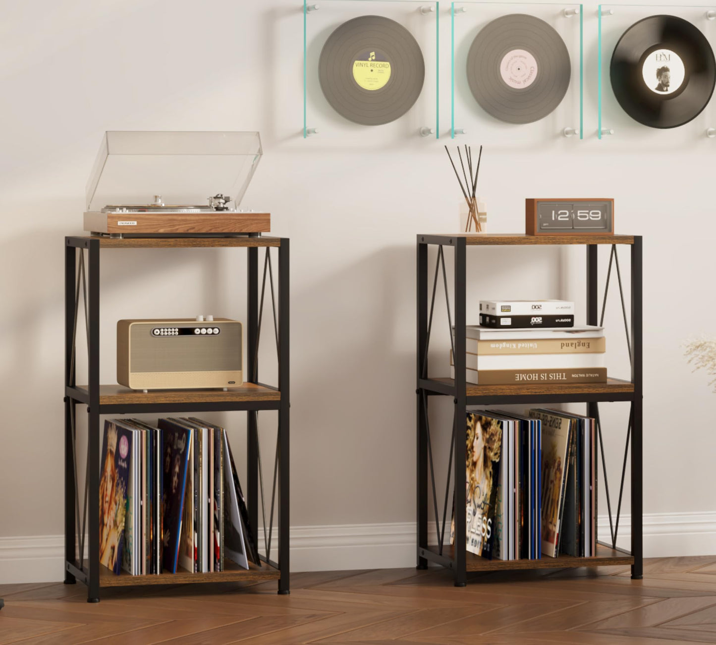HFHOME Vinyl Record Storage 3 Tier Side Table, Record Player Cabinet for Vinyl Storage and Display, Turntable Stand in Living Room, Bedroom