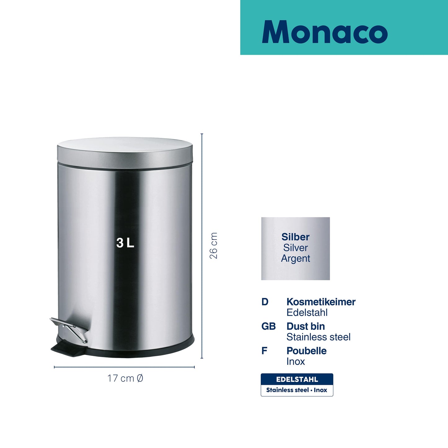 Kela Torre 18172 Cosmetics Bin 3 Litres Matte Stainless Steel
