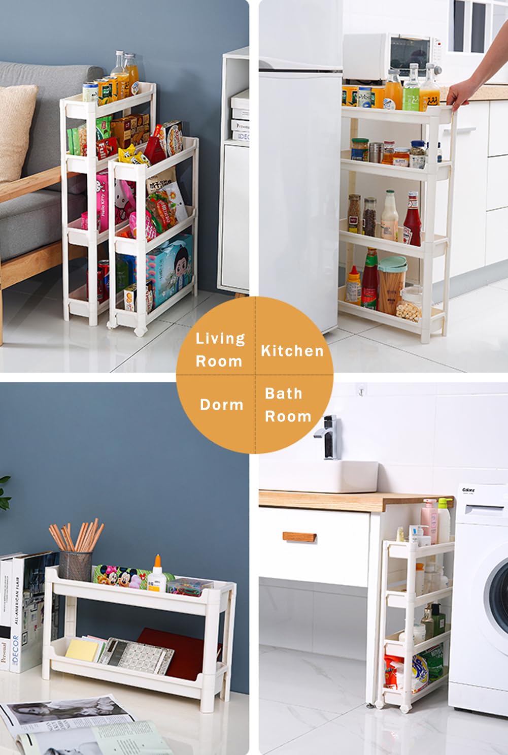 Gelory 4 Tier Slim Storage Cart Slide Out Kitchen Trolley, Mobile Storage Shelving Organizer Cart for Kitchen Bathroom Laundry Office