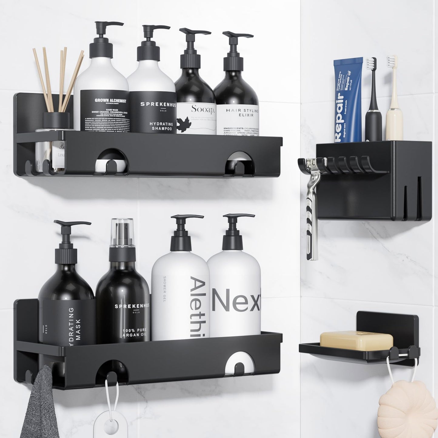 CHARYJOD Shower Caddy 4 Pack, Adhesive Bathroom Shower Shelf No Drill, Bathroom Shower Storage Rack with Hooks, Soap Razor Toothbrush Holder