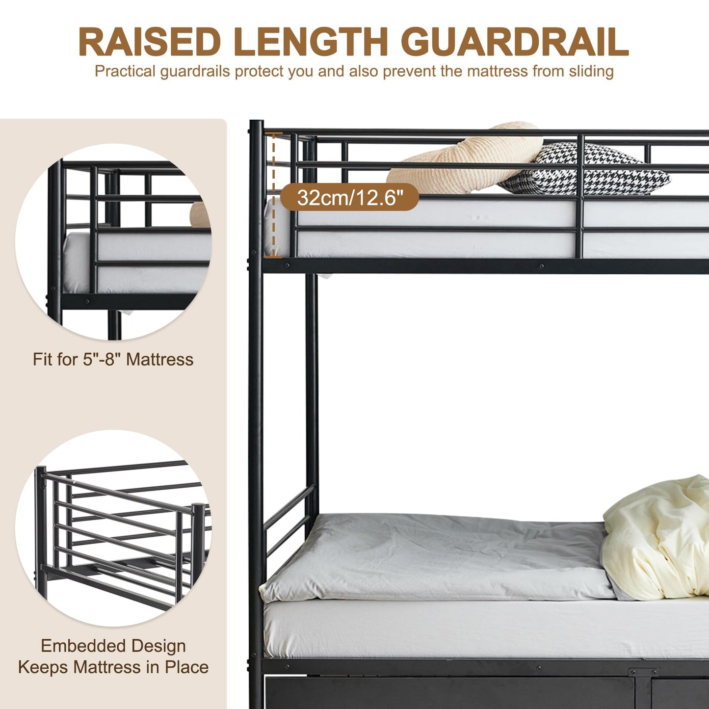 Karl home Heavy Duty Metal Bunk Bed Frame with 2 Large Drawers, Black