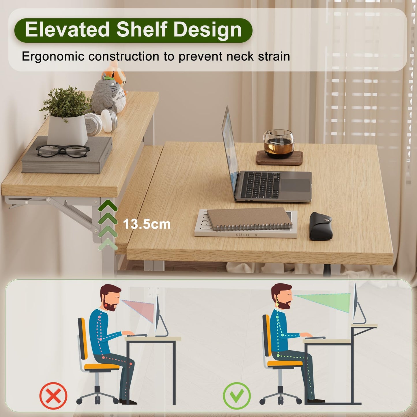 JUMMICO Foldable Desk,Small Desk with Monitor Shelf,2-Tier Folding Table for Home, Office, School, Computer Desk for Small Space,Oak