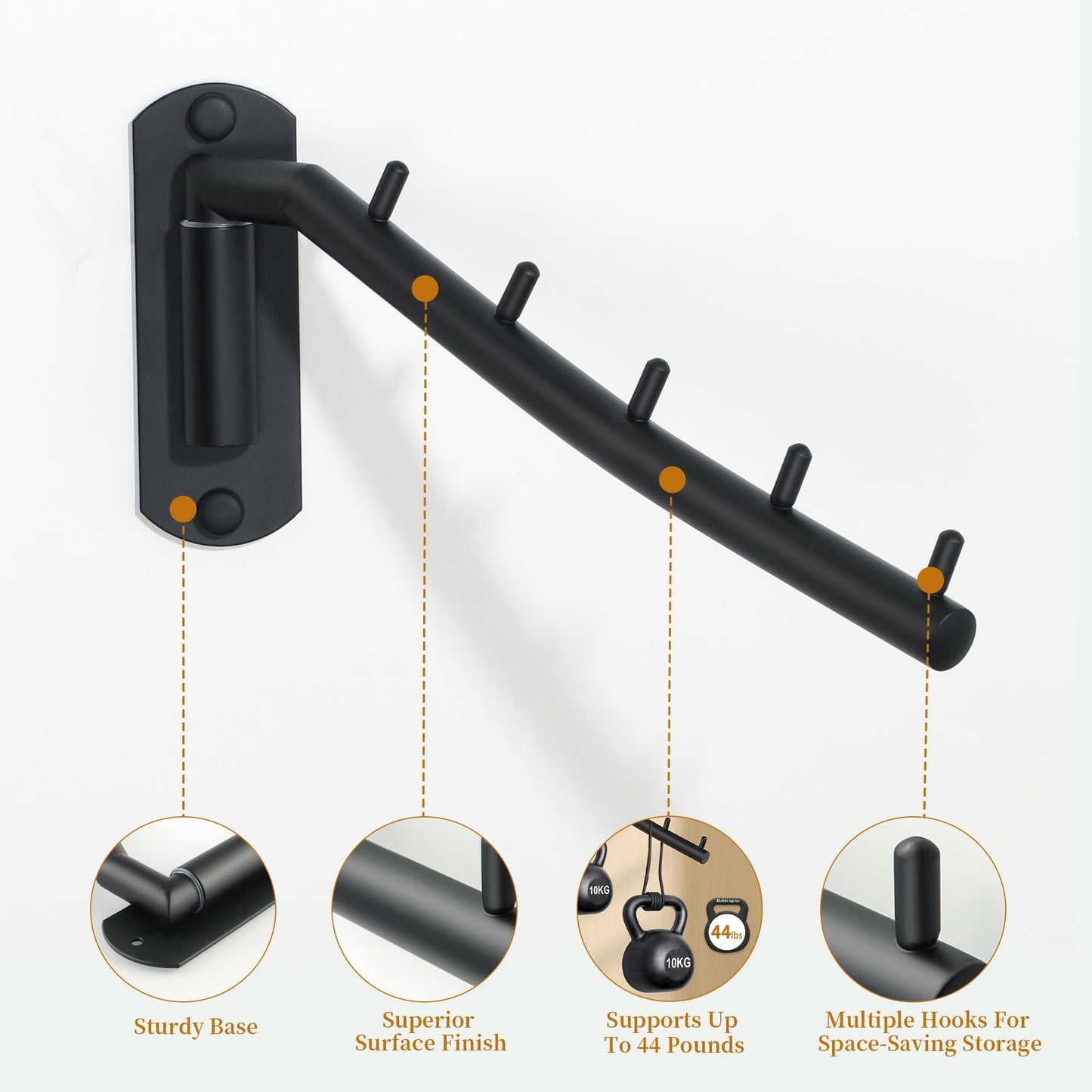 Mooche Wall Mounted Coat Rack Black, Swivel Clothes Rail, 27CM