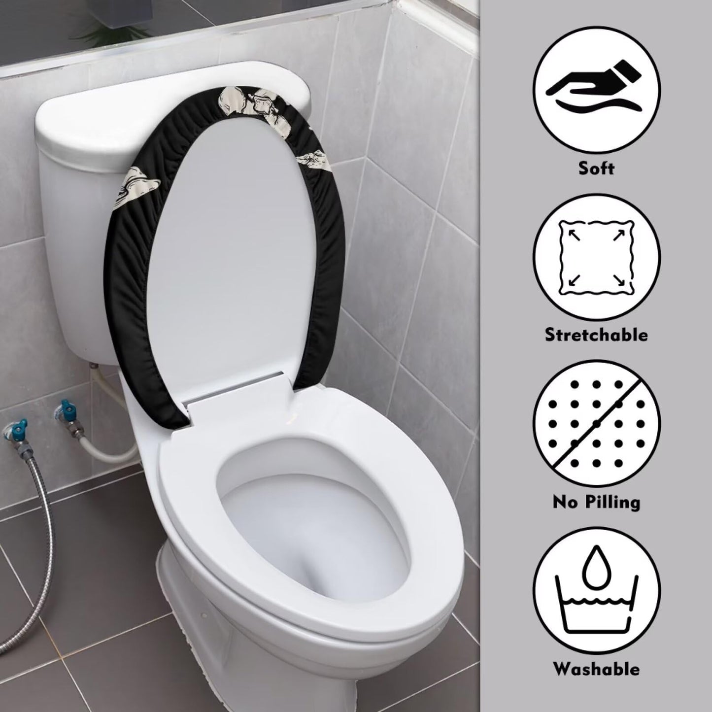 COEQINE Skull Print Toilet Lid Cover，Black Resisant Washable Bathroom Decoration 1 Pcs Cute Skull Print Toilet Lid Dustproof