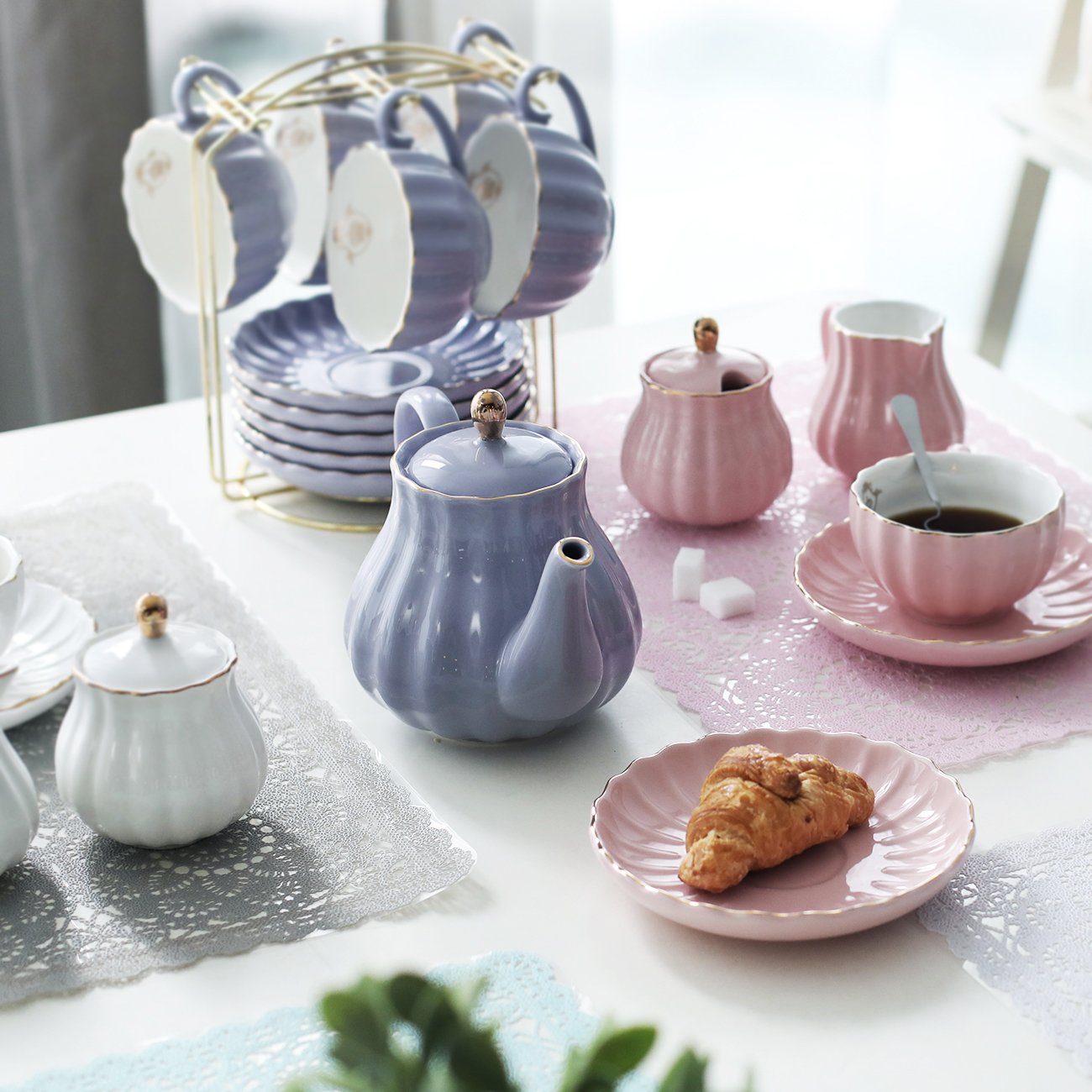 Sweejar Home Porcelain Tea Set Royal Family 225 ml Cups and Saucers for Wedding Ceramic Porcelain Tea Cup Set (Purple)
