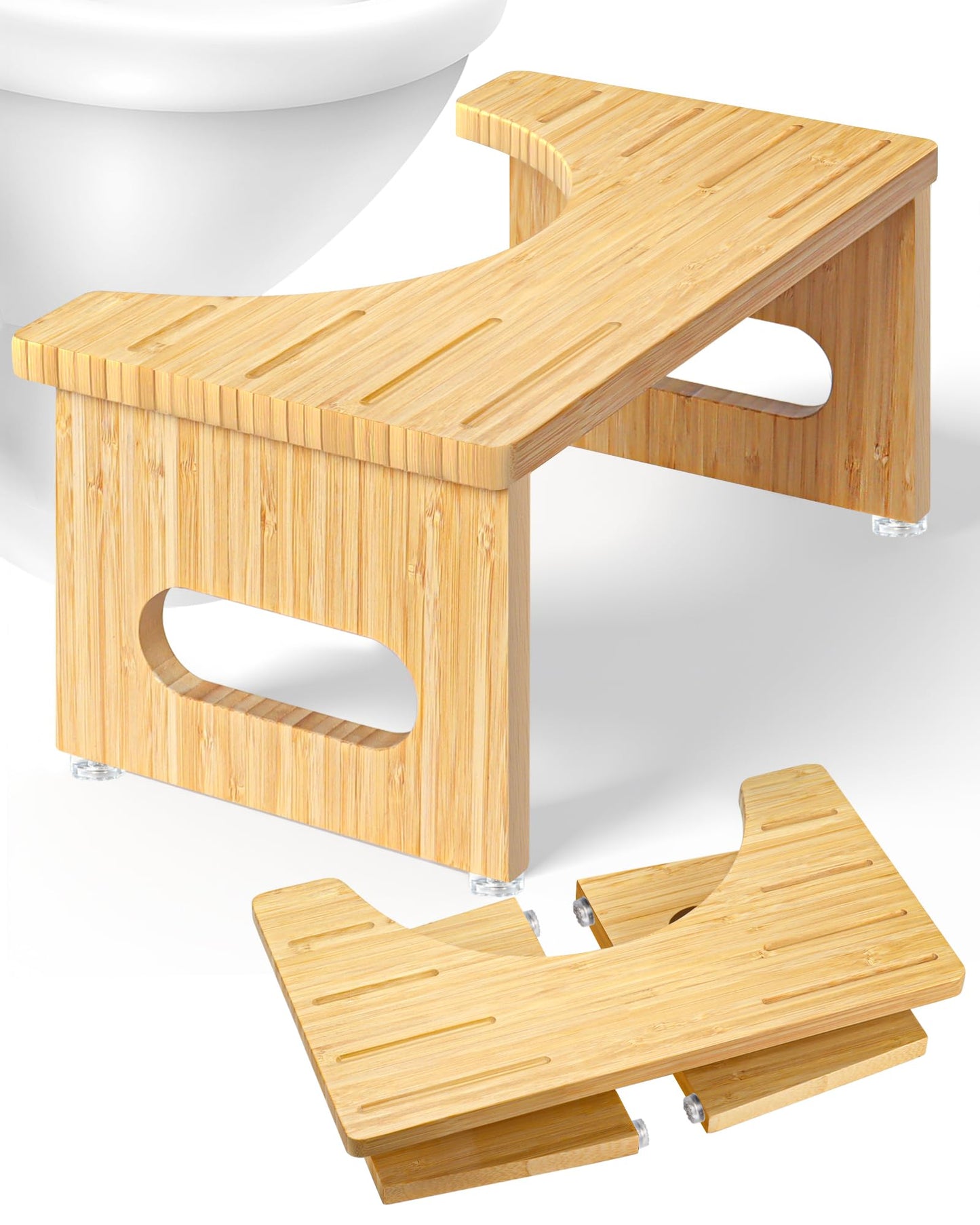 Foldable Toilet Stools, 17.8 CM Wooden Toilet Stool with Anti-Slip Feet, Space Saving, 35° Durable C Shaped Stool (Yellow)