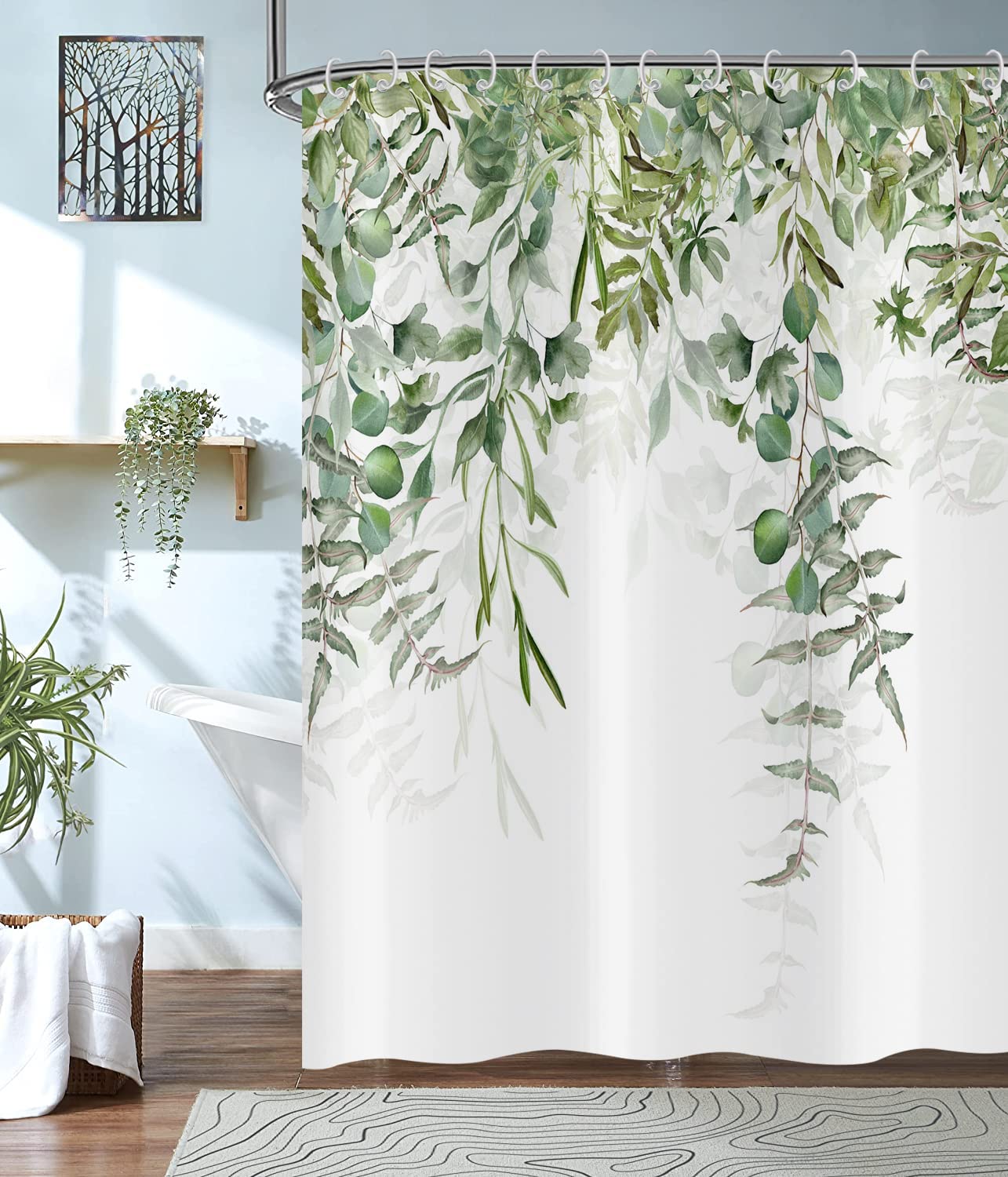 Hnmdmyi Green Leaf Shower Curtain 180x180, Eucalyptus Leaves Shower Curtains Watercolor Plant Botanical Nature Bathroom Curtains with Hooks