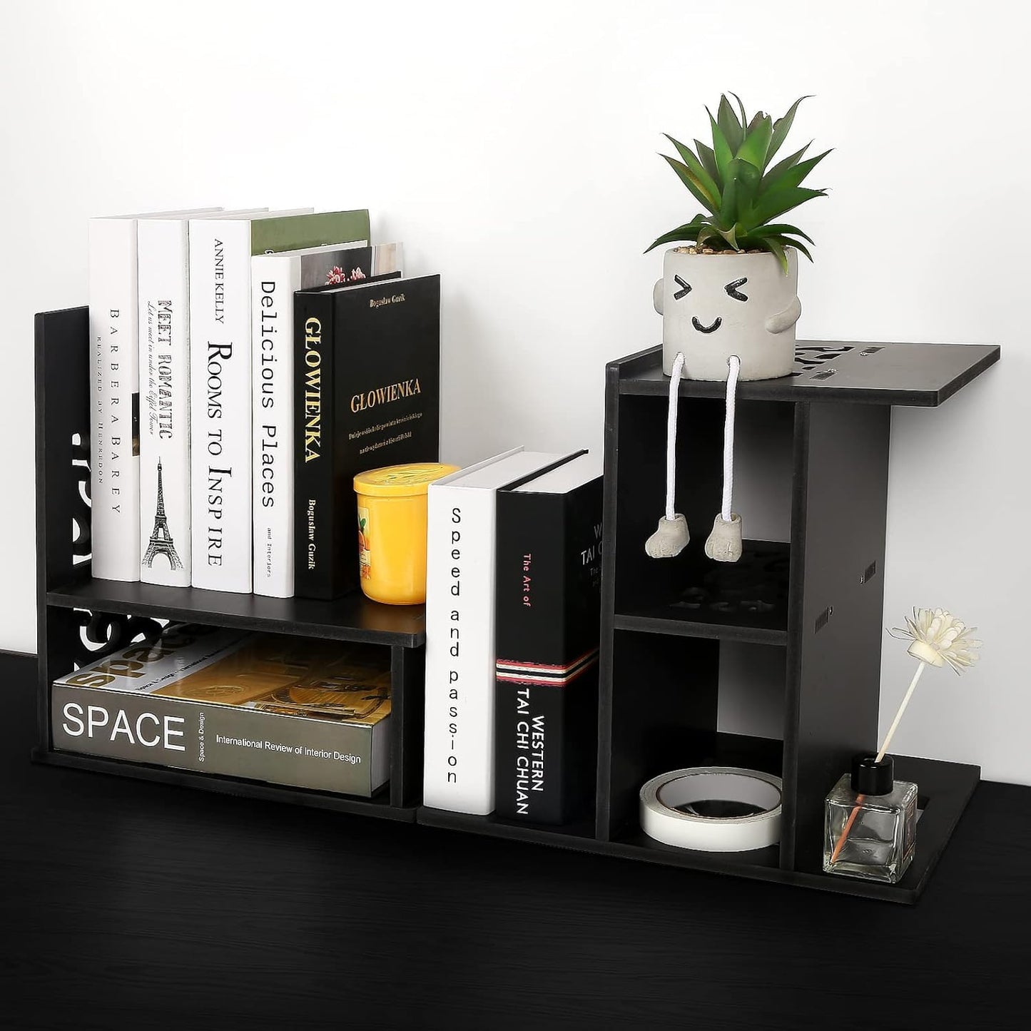 DoToGo Desk Shelf Organizer, Deskop Bookshelf for Small Space Adjustable Expendable for Office, Home, Kitchen (black-gc-lk)