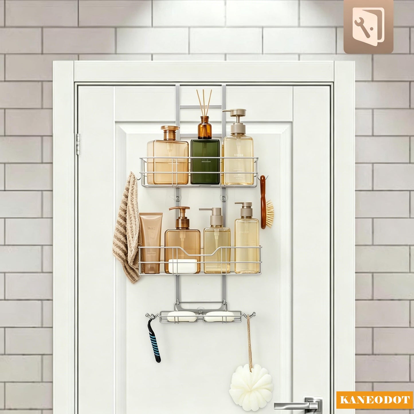 KANEODOT Shower Caddy Hanging, Over The Door Shower Storage, 2 Tier No Drilling Shower Shelf with Soap Holder for Bathroom Kitchen Silver Grey