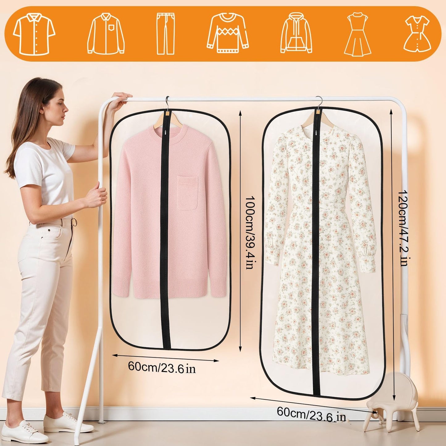 6 Pack Garment Bags, PEVA Translucent Clothes Covers, Suit Bag 40in+47in